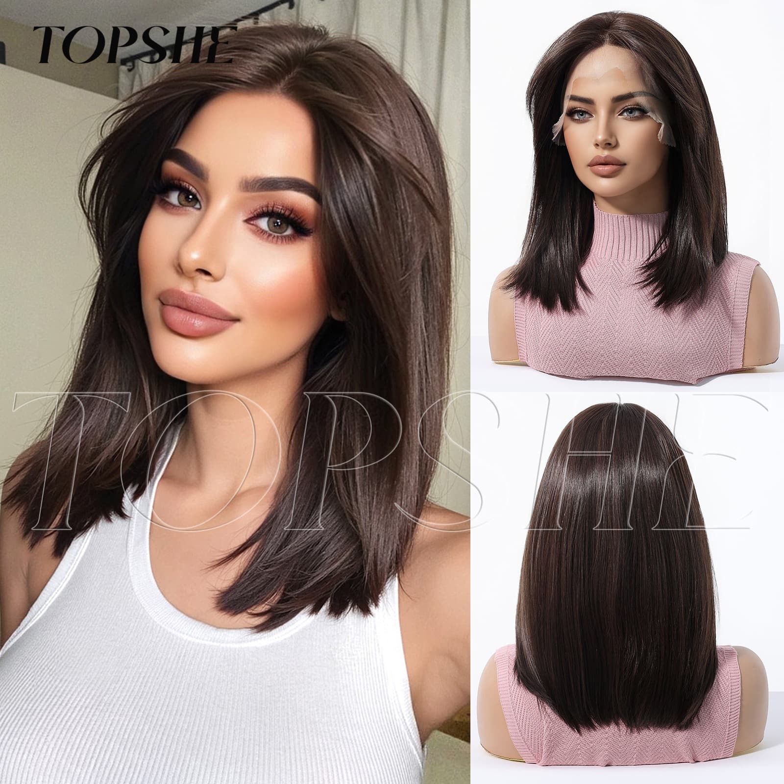 13*6 large-area lace full headpiece, shoulder-length, dark brown, natural and realistic matte high-temperature silk lacewig short hair.