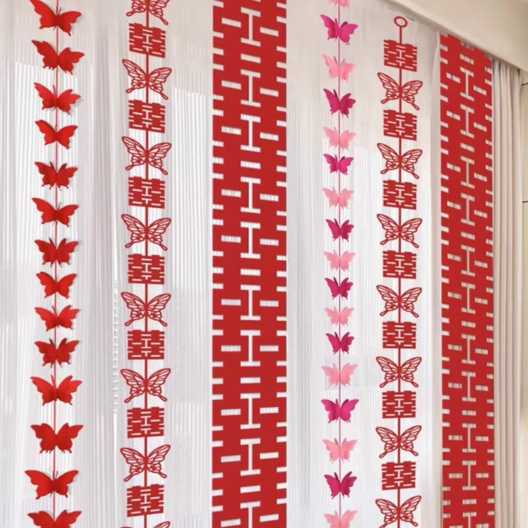 Wedding Room Decoration Set: Long Double Happiness Stickers, Couple's Butterfly Streamers for Bedroom and Living Room