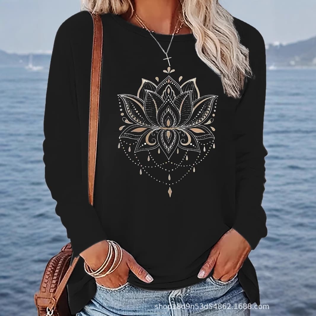 Overseas Stock Printed Long Sleeve T-Shirt Women's Autumn Winter Cross-Border New Fashion Casual Round Neck Long Sleeve Top