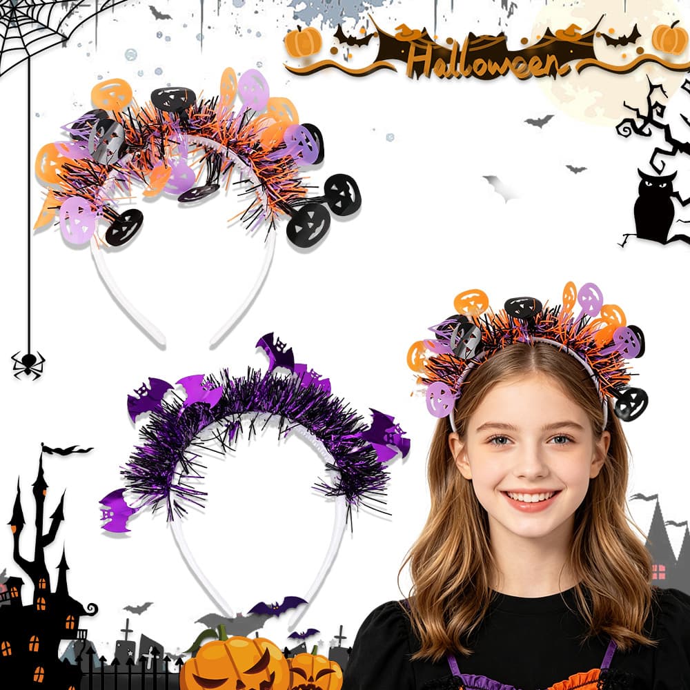 Halloween orange, purple and black color striped headbands, masquerade costumes, pumpkin bat party headbands and hair accessories