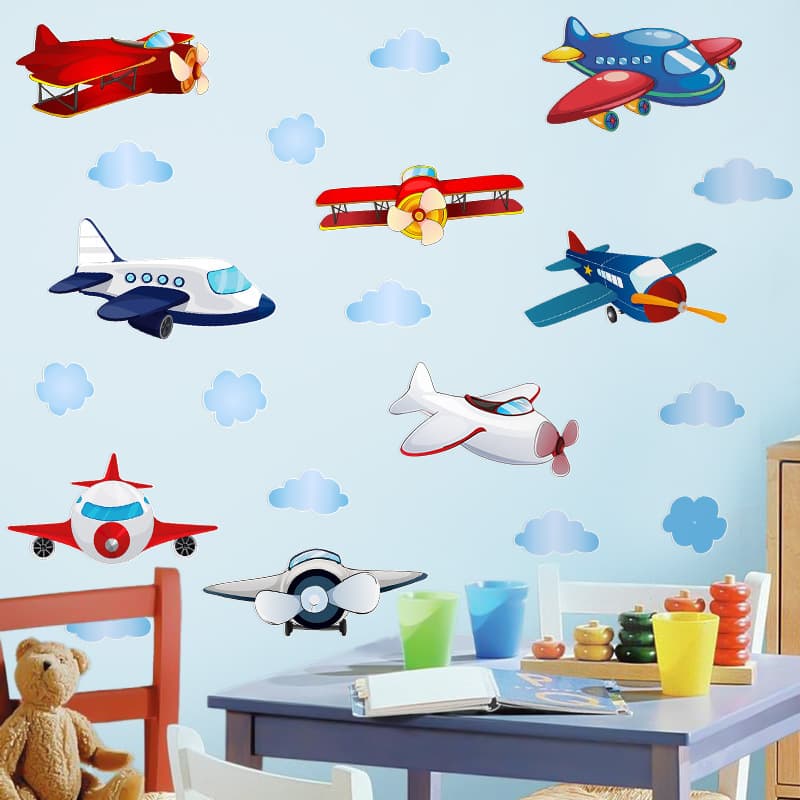 Cross-border wall sticker cartoon airplane boy bedroom wall decoration PVC cloud nursery kindergarten wall sticker