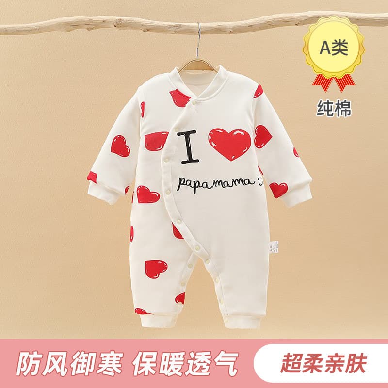Baby Winter Cotton Three-Layer Thermal Quilted Romper Red Heart Padded Jacket Newborn Crawling Suit Infant Clothing