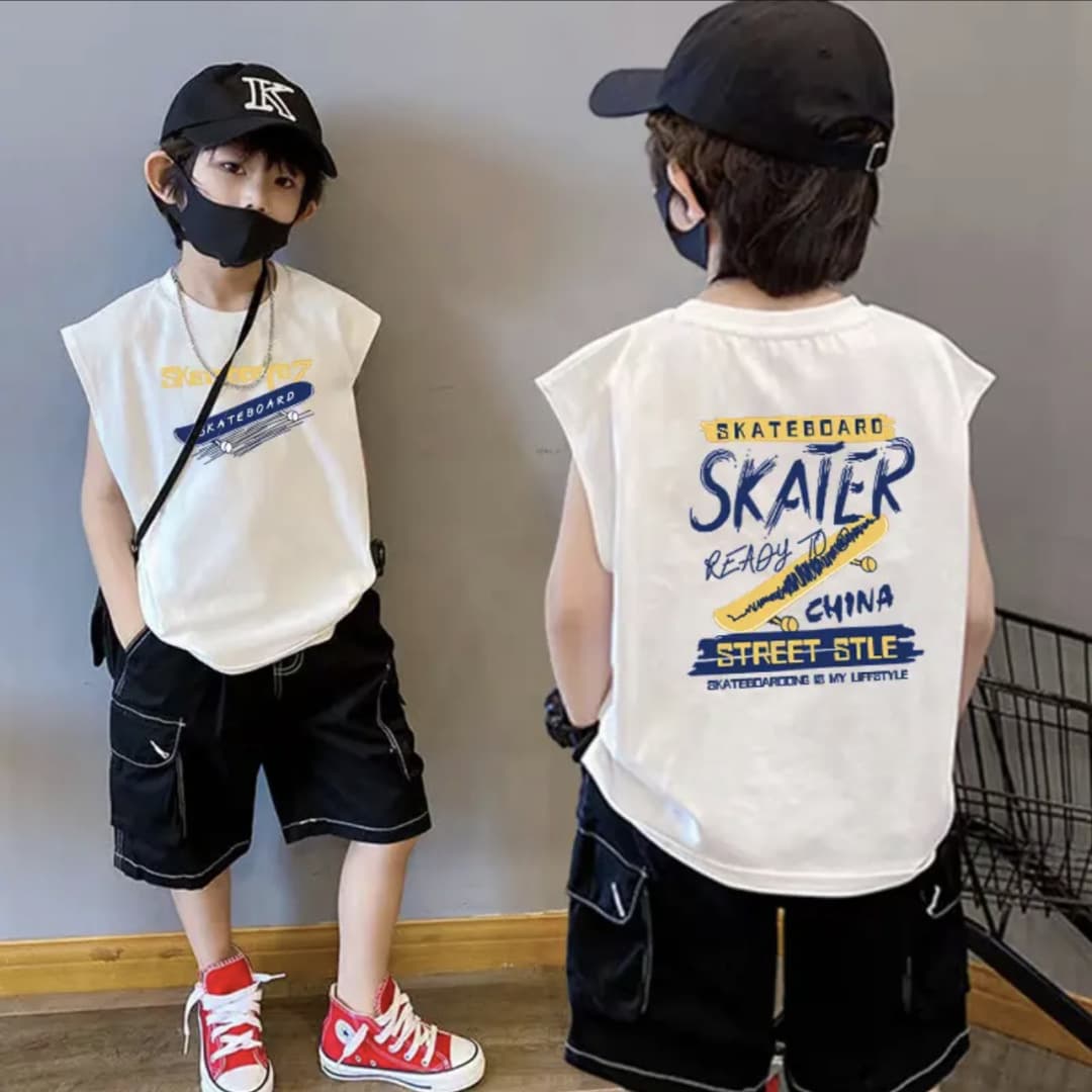 Children's clothing summer style boys' sleeveless vest 2025 medium and large children's trendy and cool printed sleeveless baby vest T-shirt