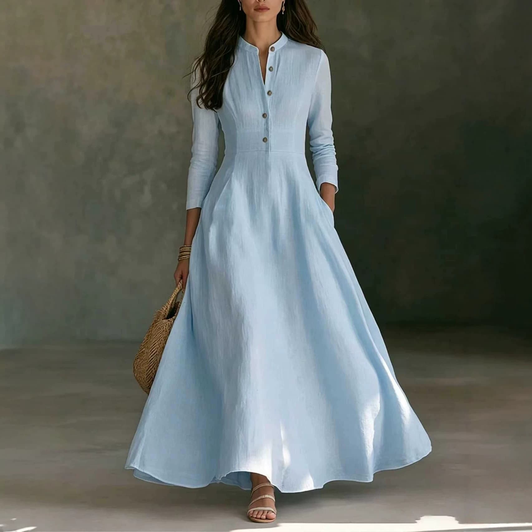 2026 French Linen Dress Stand Collar Half Button Long Sleeve Waist Cinched Flared Maxi Dress Vacation Style Long Dress with Pockets