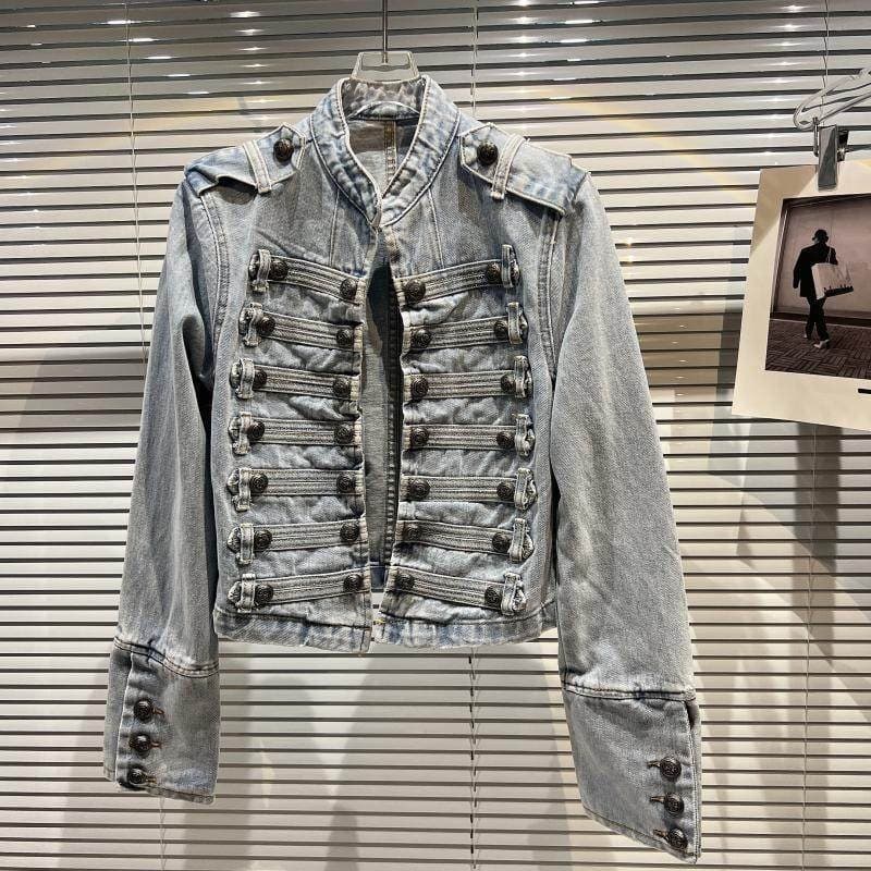 2026 Spring New Arrival Palace Style Vintage Metal Bone Button Design Strap Washed Denim Top Short Jacket