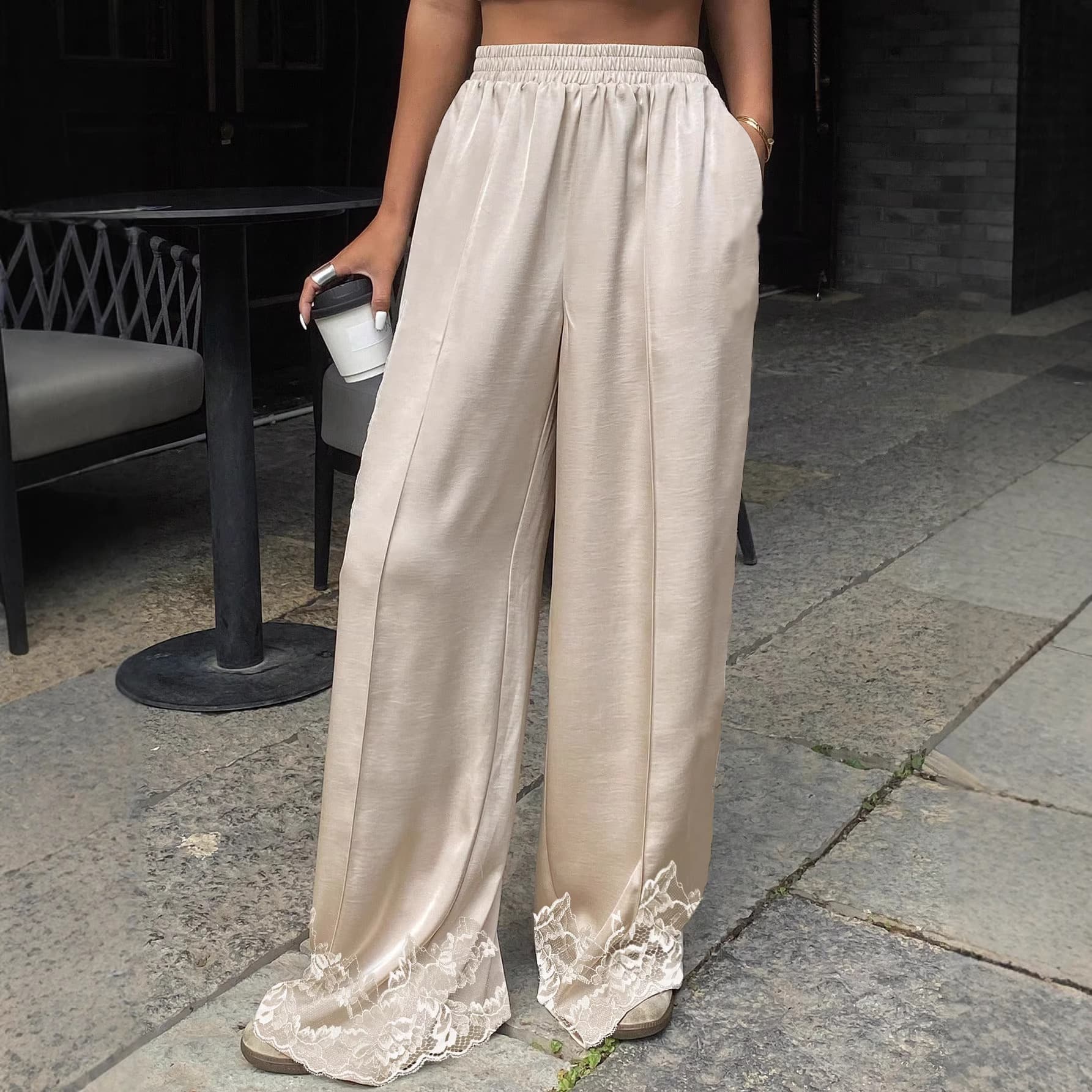 2025 Summer New Style New Chinese Heavy Embroidery Hollow Acetate Straight Pants Retro Elastic Waist Casual Pants