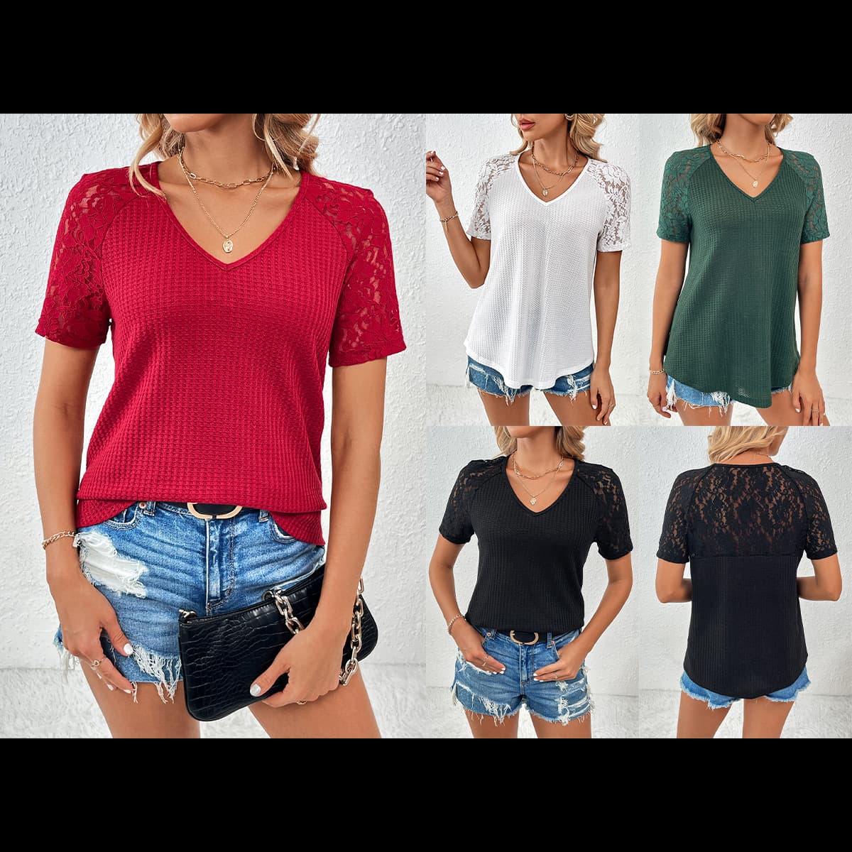 Amazon Foreign Trade Summer European and American Clothing Hollow Lace V Neck Loose T-Shirt Short Sleeve Top Women