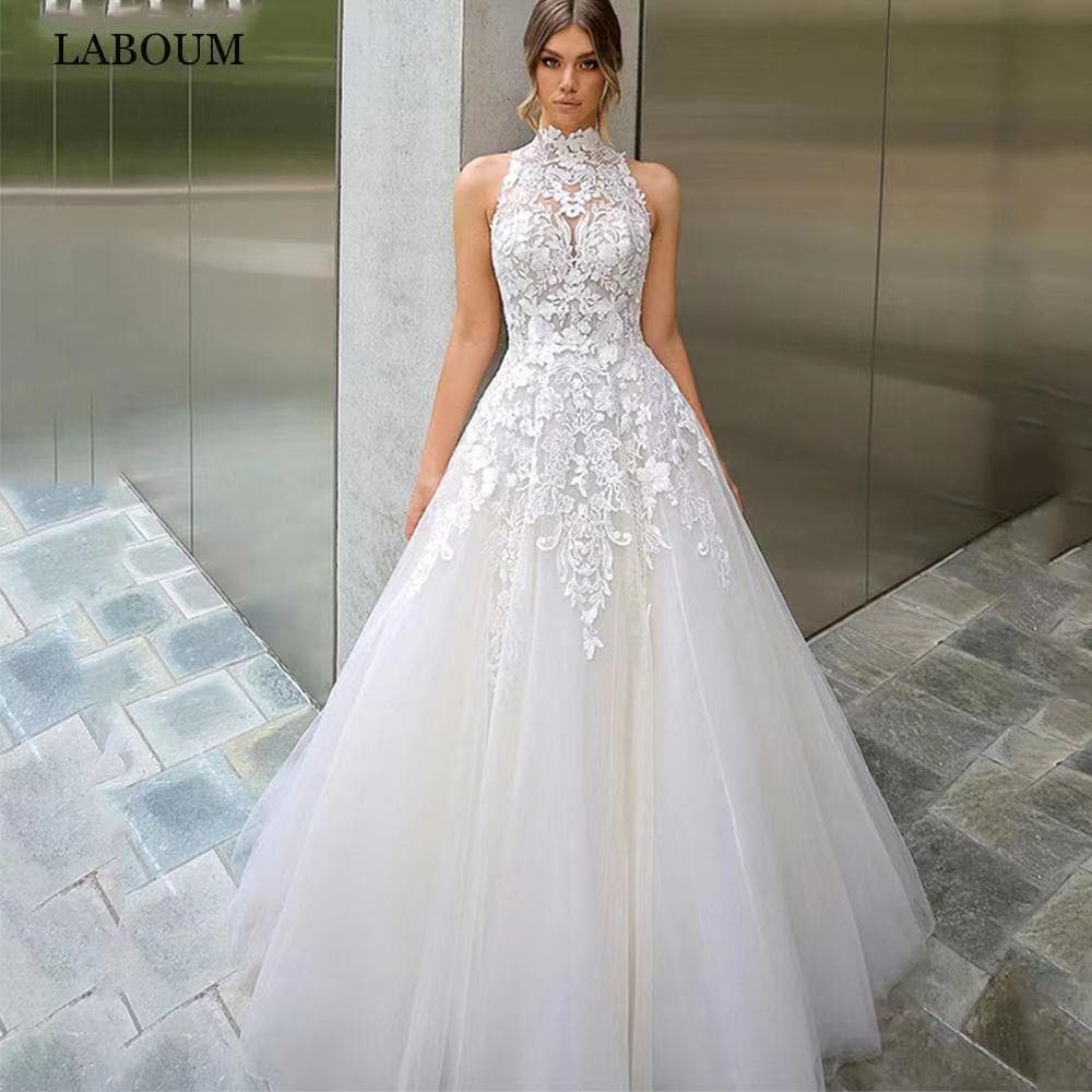 French halter neck stand collar wedding dress heavy industry appliqué embroidery fluffy mesh skirt gentle slimming temperament bridal wedding dress