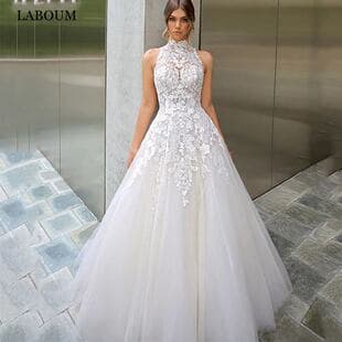 French Halter Neck Stand Collar Wedding Dress Heavy Embroidery Applique Puffy Mesh Skirt Soft Slimming Elegant Bride Wedding Dress