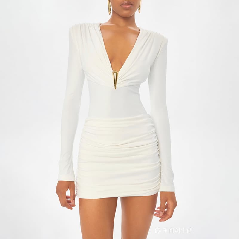 C26DS312 European and American fashion autumn new solid color casual low-neck draped long-sleeved mini slim short dress