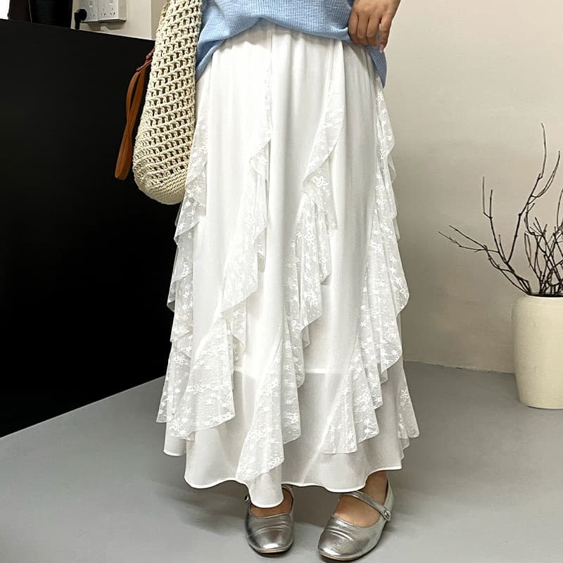 Plus Size Women's Irregular Lace Patchwork Skirt 2026 Summer Fat mm High Waist Slimming A-line Long Skirt NQ1567