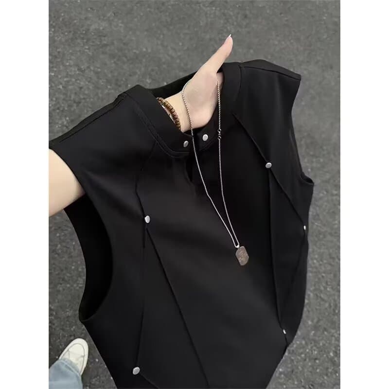 Black V-Neck Rivet Design Vest Tank Top for Men Summer Trendy Loose Sleeveless T-Shirt
