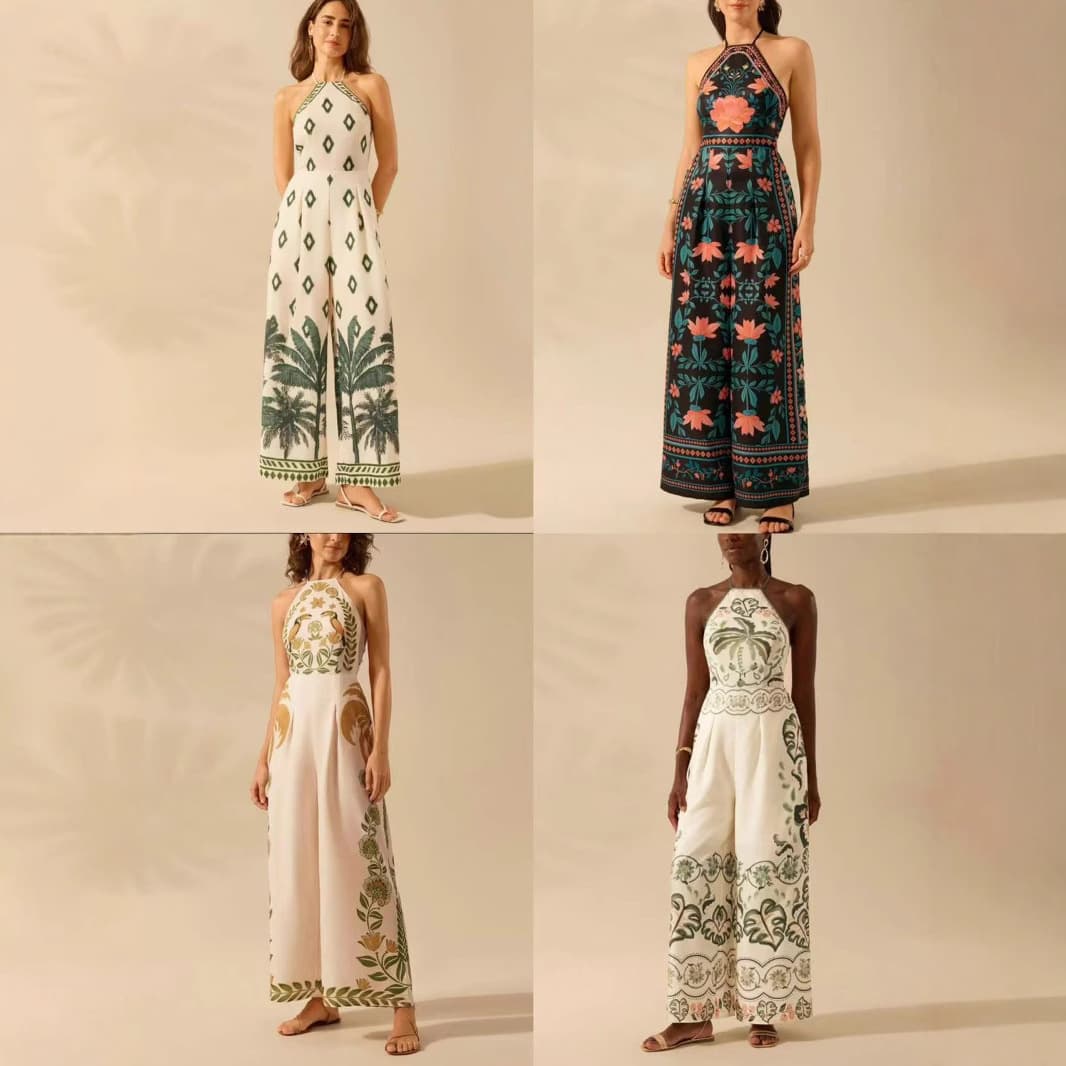 Cross-border Amazon Independent Station 2025 European and American Women's Fashion Sexy Printed Sleeveless Neck Wide Leg Jumpsuit