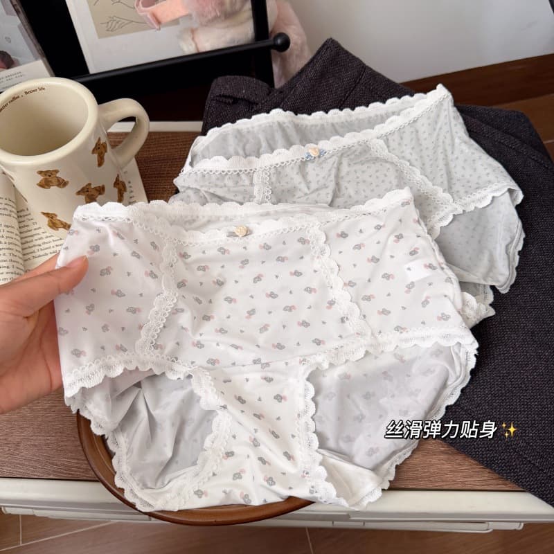 Girls' Cute Printed Ice Silk Panties Women's Lace Trim Quick-Dry Breathable Modal Cotton Crotch Mid-Waist Triangle Panties