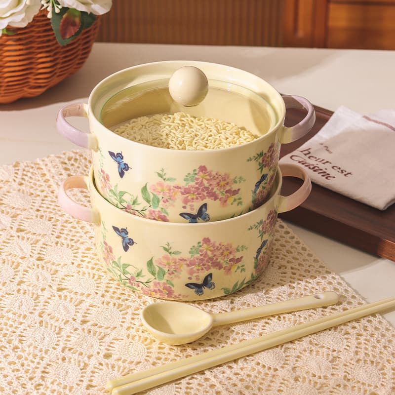 Vintage Purple Crape Myrtle Ceramic Instant Noodle Bowl with Lid 2025 New Style Large Household Soup Noodle Bowl for Luosifen