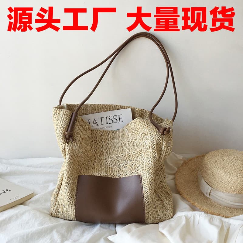 Vintage Woven Tote Bag Vacation Style Straw Bag Large Capacity Shopping Bag Beach Bag Mother-Child Bag