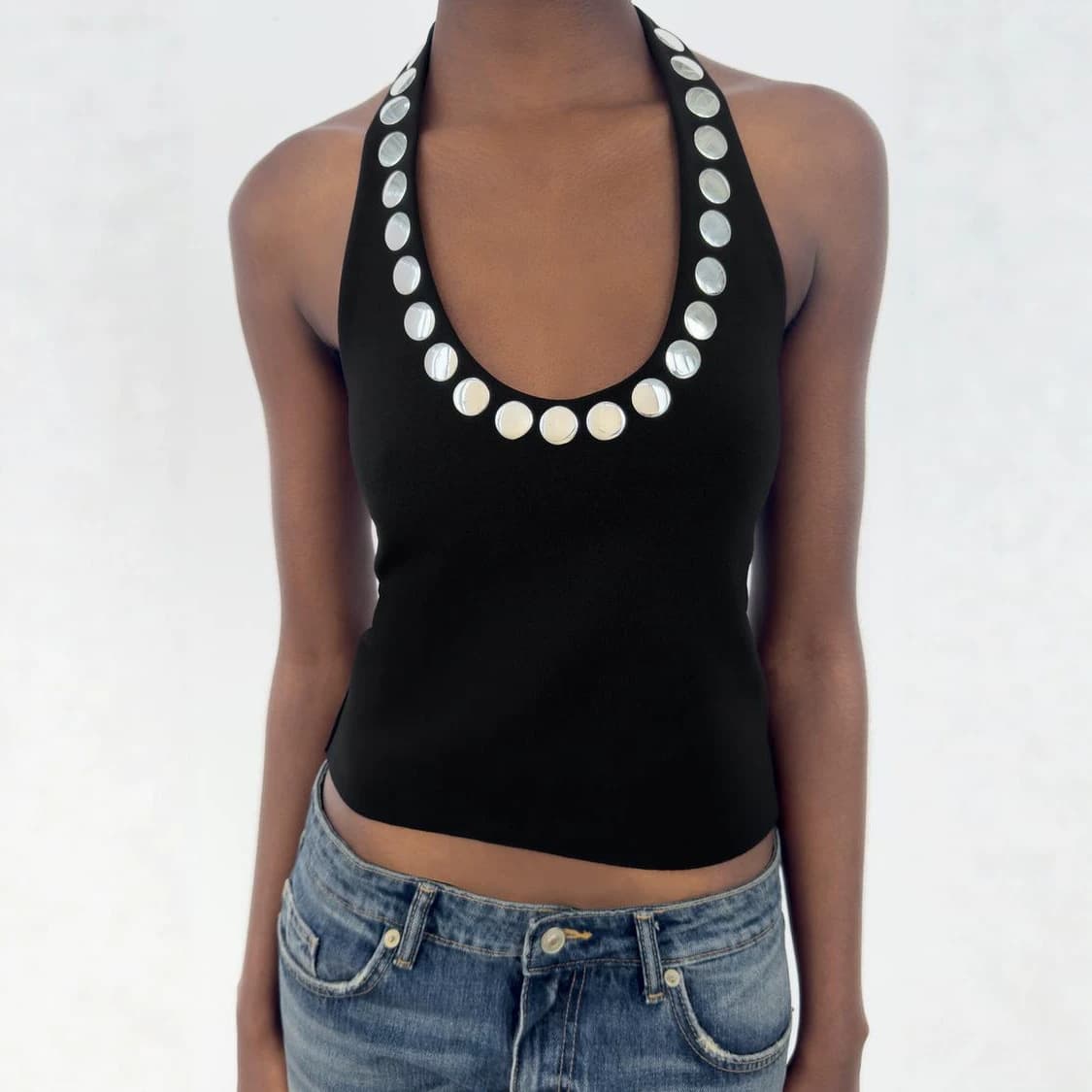 Cross-border European and American style black halter top with metal rivet decoration, backless short sexy sleeveless vest for women