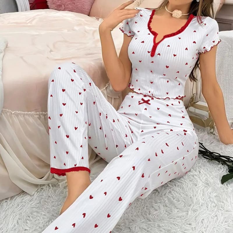 European and American cross-border new spring and autumn printed love V-neck short-sleeved pajamas for women to wear outside trousers two-piece home clothes