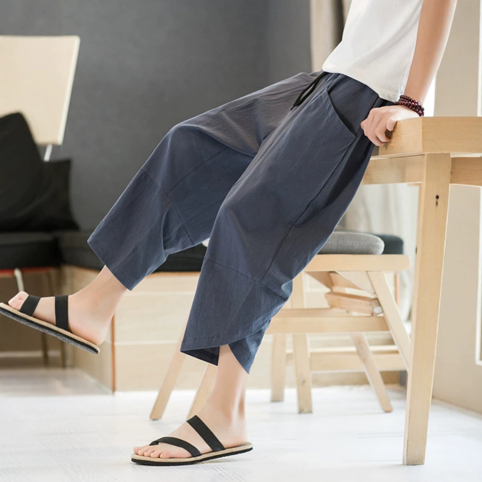 Men's Linen Cropped Pants Summer Thin Cotton Linen Trousers Men's Summer Set Loose Straight Seven-Eighth Casual Pants