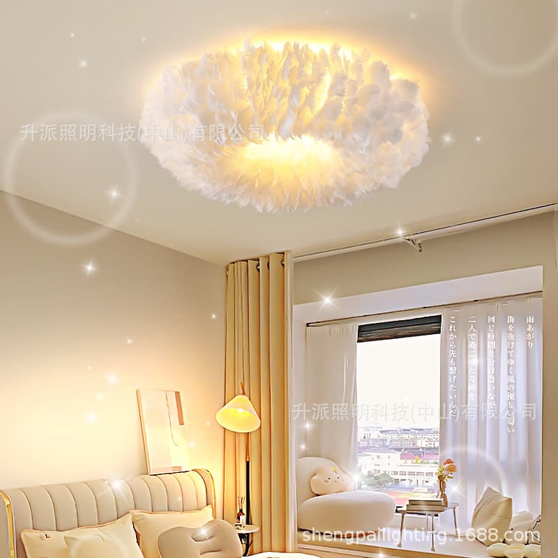 Full spectrum eye protection real feather ceiling lamp cream style creative art garland living room bedroom decoration feather lamp