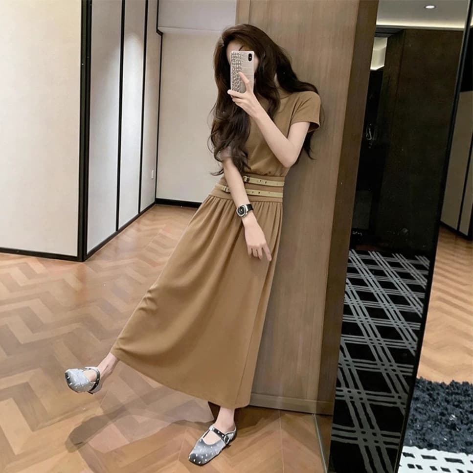Summer Outfit Set Unique Beautiful Women Stunning Khaki Short Sleeve Top Midi Skirt Two-Piece Set