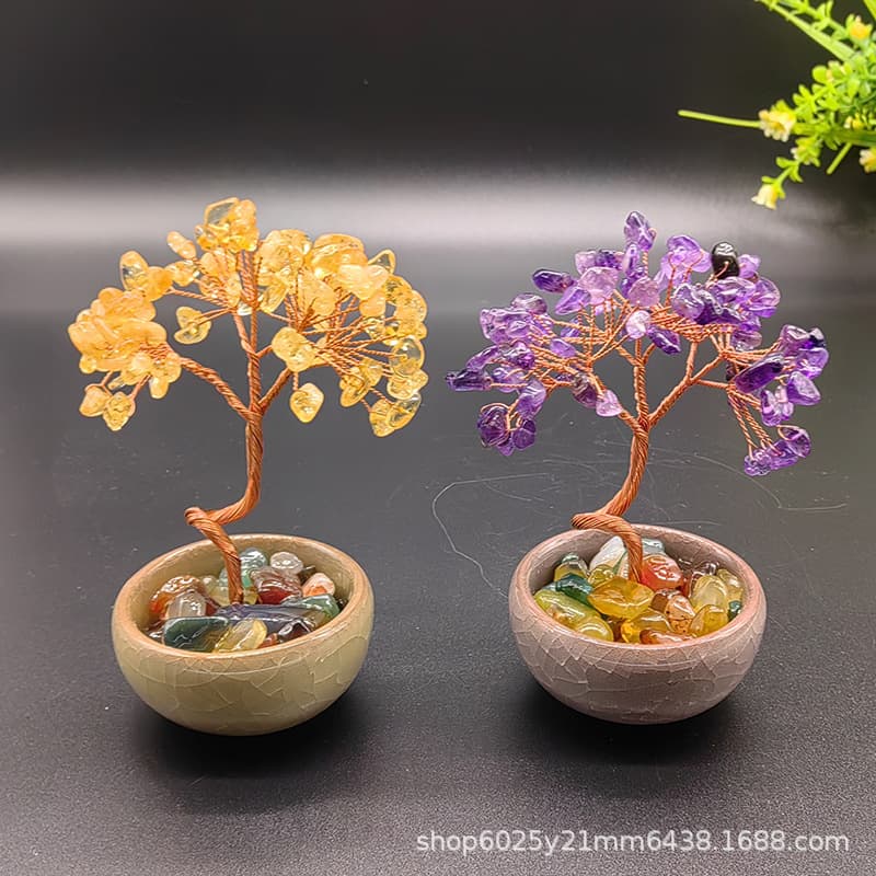 Crystal Money Tree Ornament for Wine Cabinet Desktop Decor, Home Living Room Yellow/Amethyst Geode Lucky Tree Gift