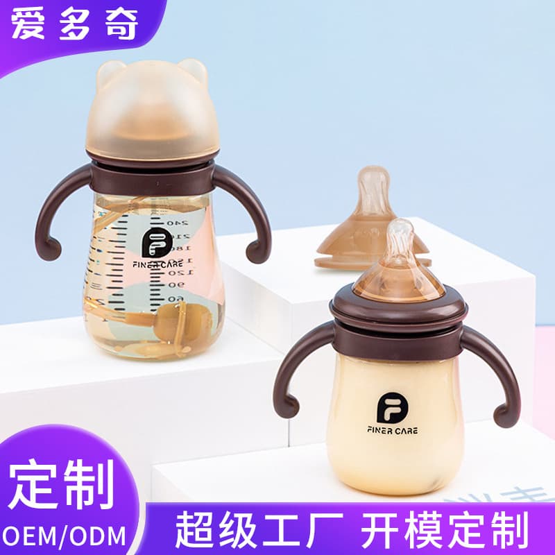 Cross-border wide-neck infant bottles, large baby anti-colic 300ml with handles, drop-resistant children's straw cups wholesale