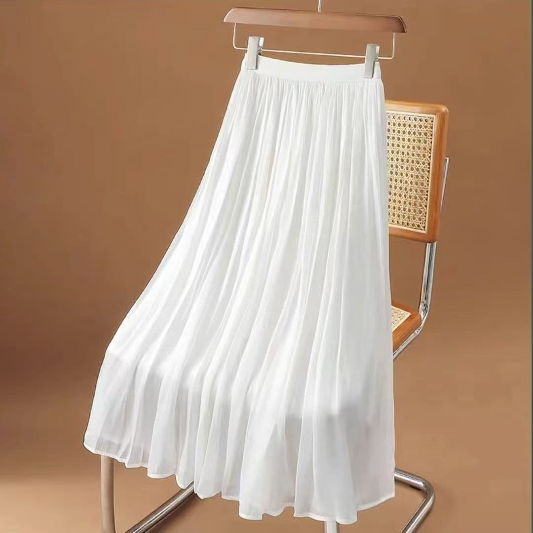 White Elastic High-Waist Flared Skirt for Women, New Summer Mid-Length High-Waist Skirt, Casual Slimming A-Line Skirt