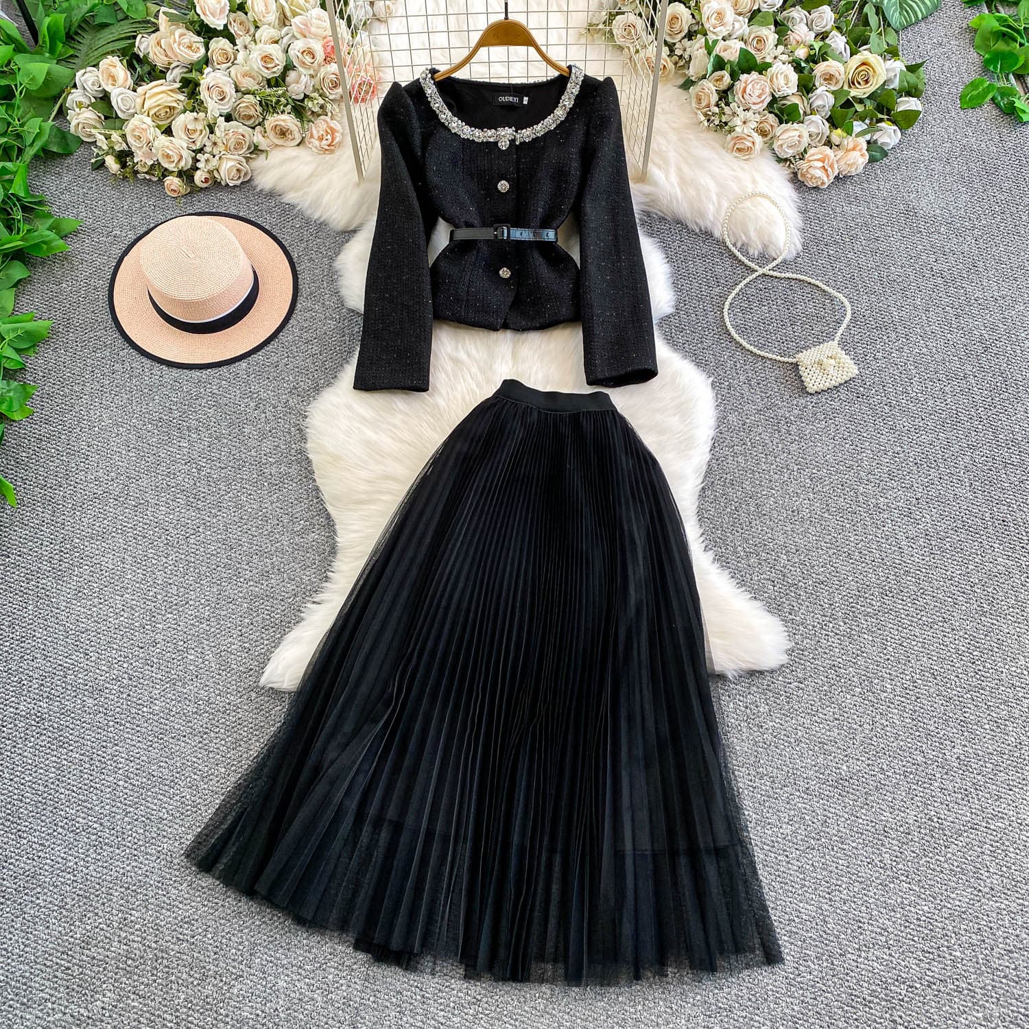 Rich Heiress Chanel Style Heavy Diamond Button Tweed Jacket Women Elegant Wide Pleated Maxi Skirt Two-Piece Set