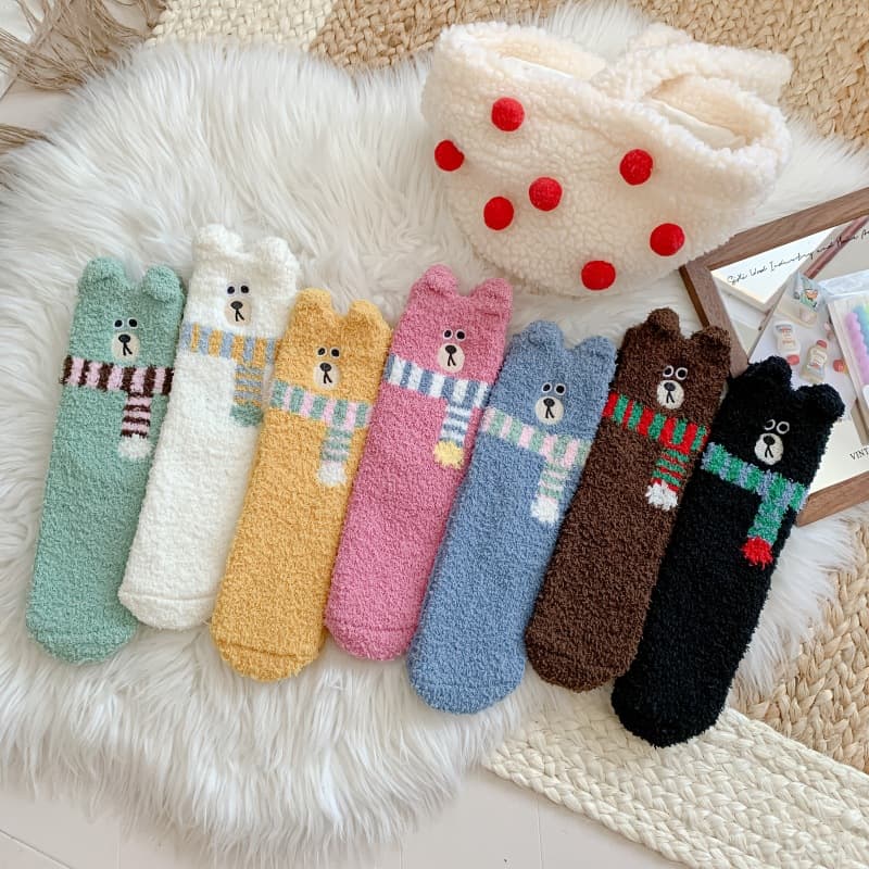 Autumn/Winter Coral Fleece Socks with 3D Ear Bear Design, Non-Shedding Half-Fleece Socks, Warm Thick Floor Socks