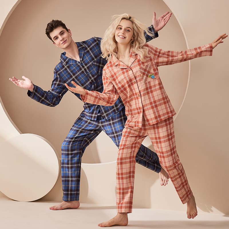 69 Autumn/Winter Plaid Couple Pajamas Simple Japanese Style Men's and Women's Notch Lapel Cardigan Homewear Brushed Sleepwear