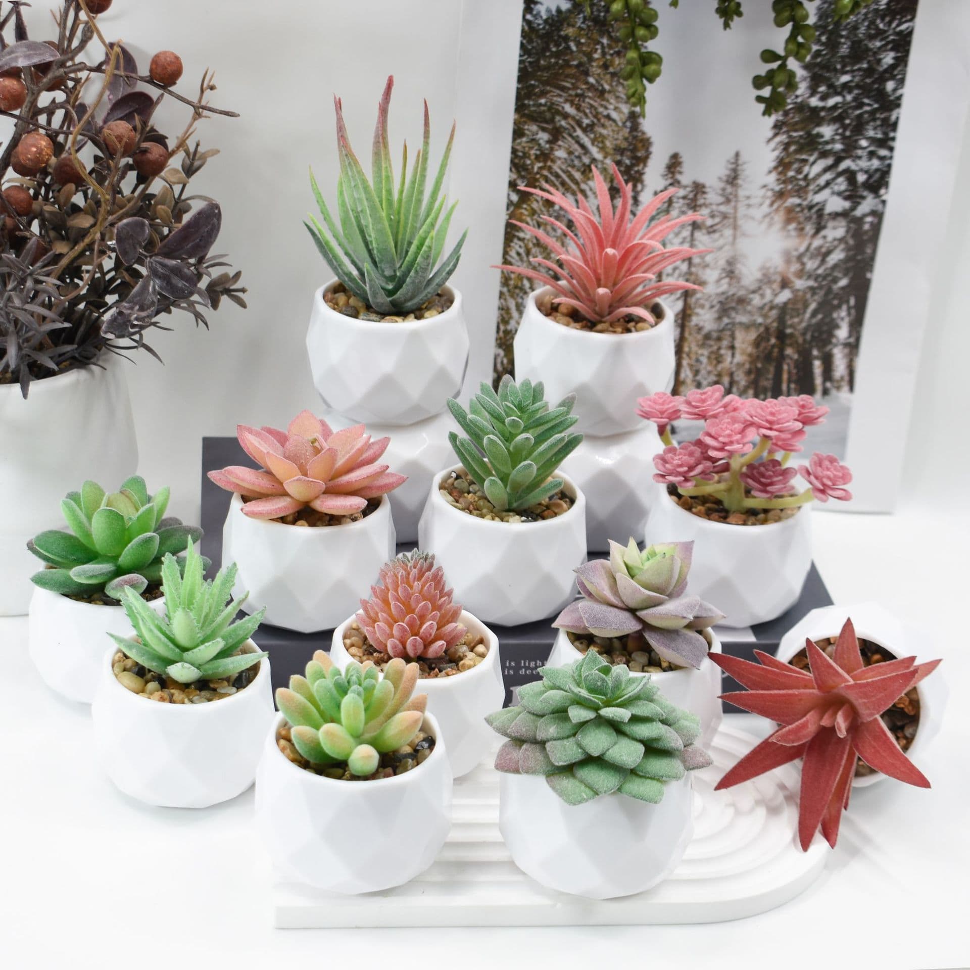 Artificial Succulent Plant Pink Miniature Potted Decorative Office Home Ornaments Plastic Shaped Artificial Greenery