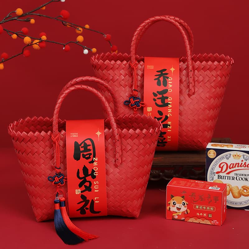 Pure Red Chinese Wedding Gift Packaging Souvenir Bag Housewarming Full Moon Woven Handbag Celebration Basket Rattan