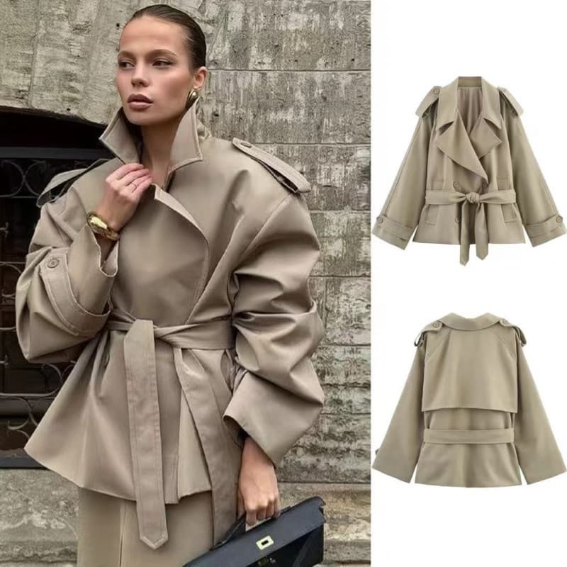 Amazon Bestseller Cross-Border European and American Style Elegant Women's Loose Casual Lapel Drawstring Mid-Length Trench Coat