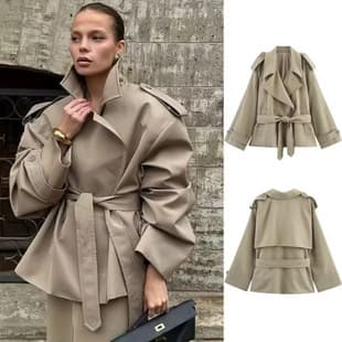 ZA Amazon Best-selling Cross-border European & American Style Women's Loose Casual Lapel Tie-belt Mid-length Trench Coat