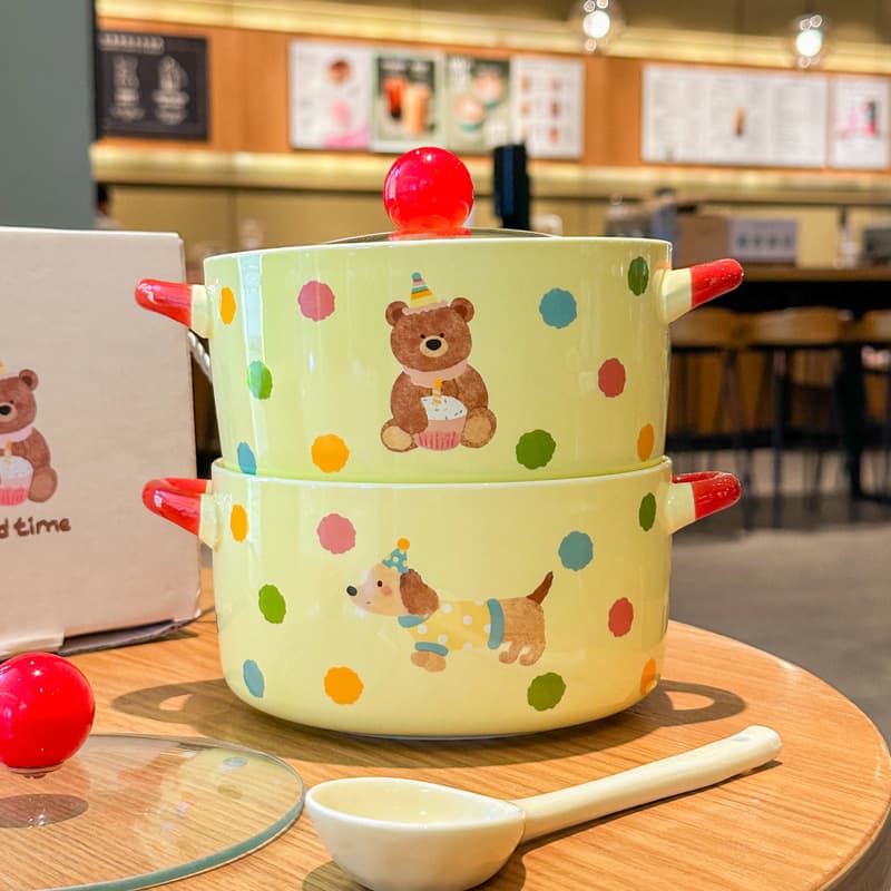 Cartoon Double-Eared Instant Noodle Bowl with Lid, Large-Capacity Ceramic Soup Bowl, Dormitory Student Personal Snail Noodle Bowl Tableware