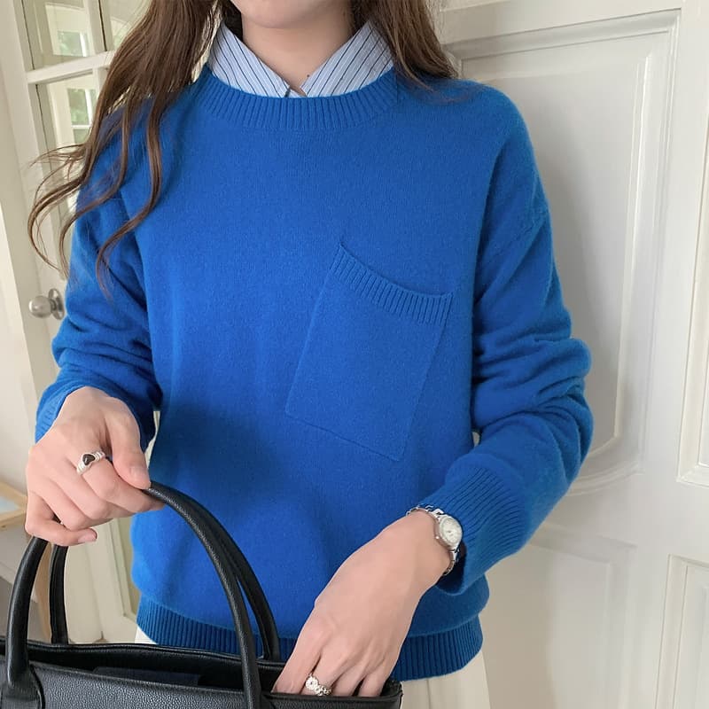 100% Pure Wool Seven-Needle Thickened Women's Sweater, Autumn/Winter New Style Round Neck Knit Top with Slanted Pocket Design, Trendy Base Layer