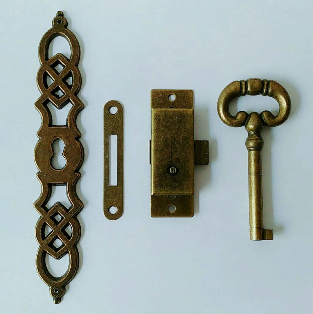 DIY antique-style hardware for floor clock doors, including mechanical clock keys, hinges, and lock cylinders.