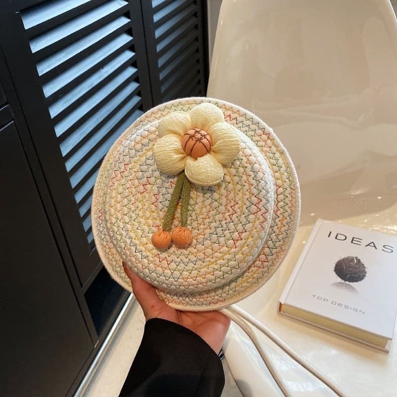 2025 New Woven Hat Small Bag Crossbody Design Braided Small Round Bag Children's Single Shoulder Cute Flower Bag