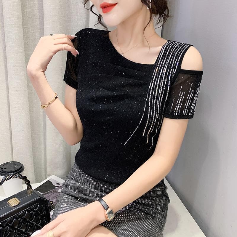 Real Shot of 2022 European Station Spring and Summer New Short-Sleeved Round Neck Fashionable Off-Shoulder Mesh Hot Diamond Slim Slim T-Shirt for Women