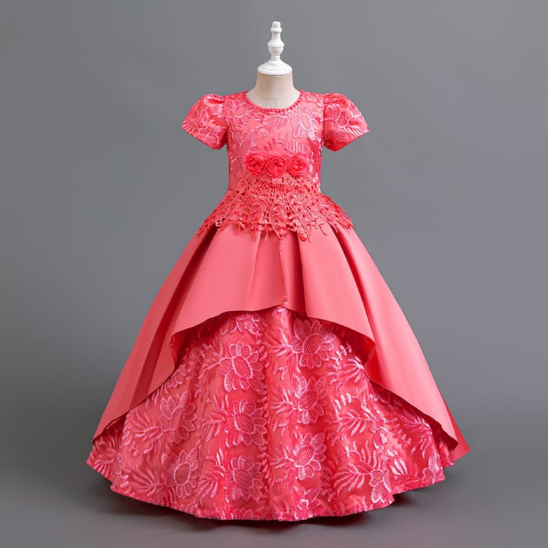 2025 European and American Style Dresses, Formal Wear, Medium to Large Children's Clothing, Girls' Long Satin Embroidered Princess Dresses, Cross-Border Hostess Ball Dresses