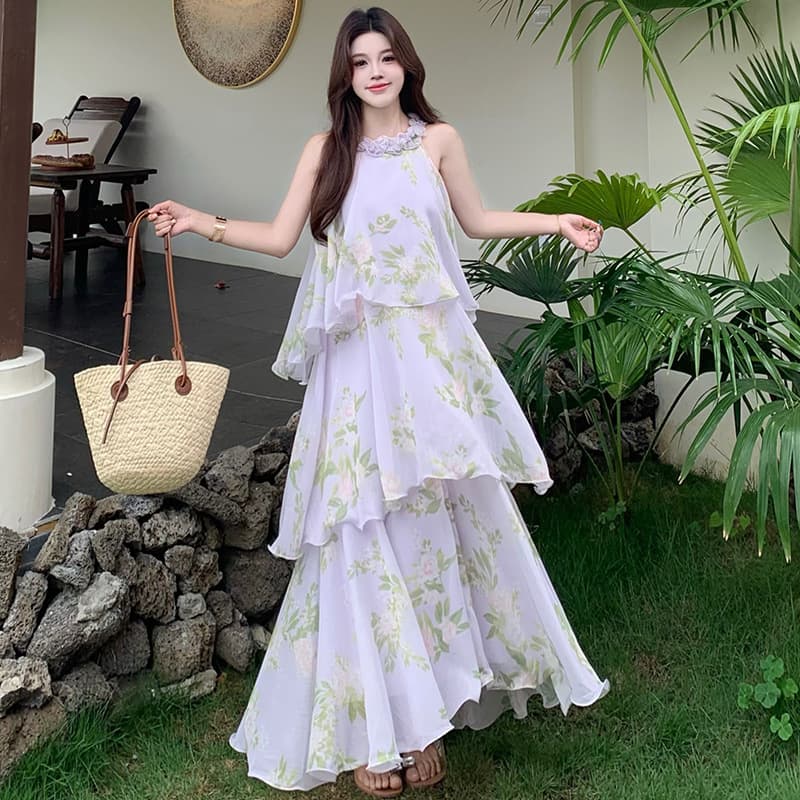 2026 New Summer Chic Chiffon Maternity Dress Vacation Style Halter Neck Maternity Dress Fairy Dress