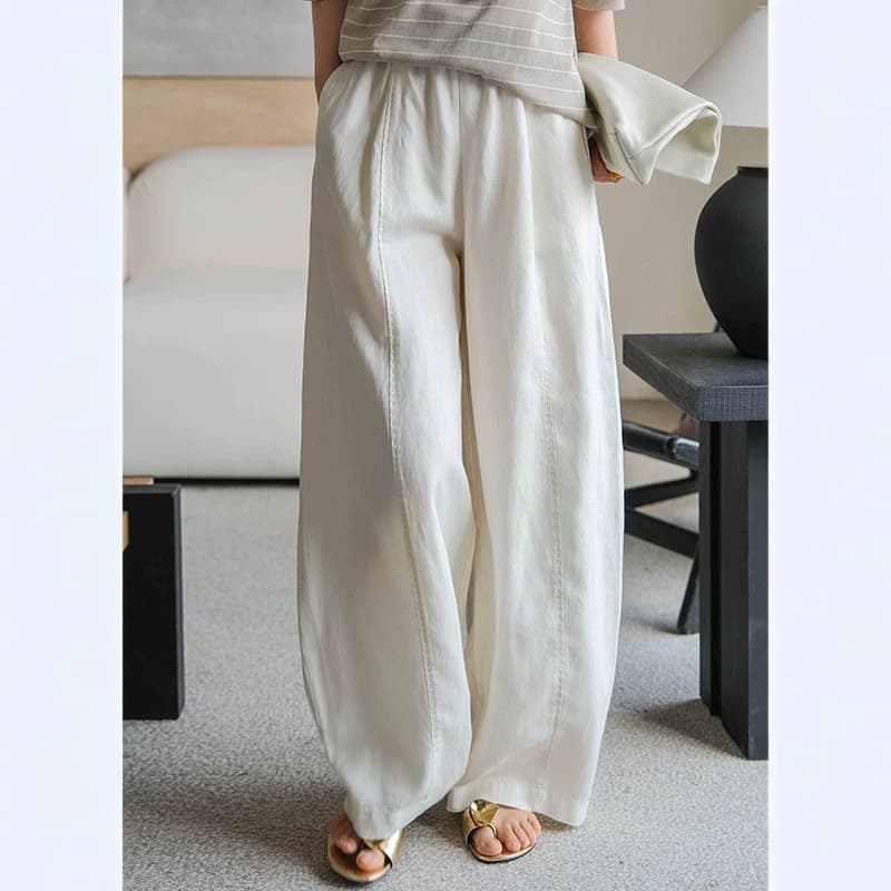 2026 New Summer Linen Wide-Leg Pants Elastic Waist Drapey Off-White Casual Lyocell Straight-Leg Trousers for Women