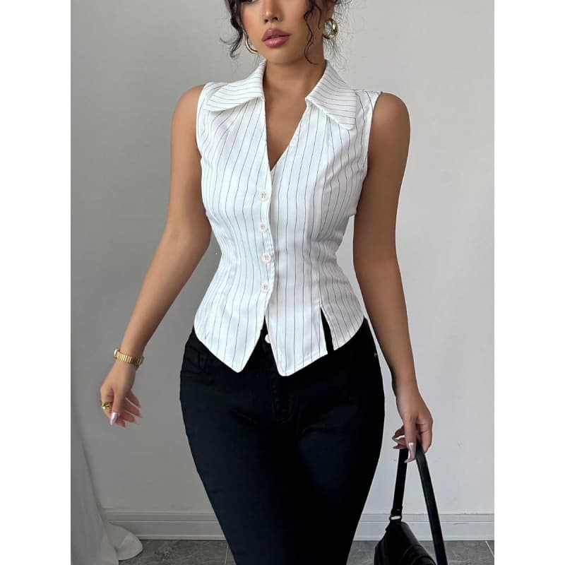 Cross-Border Women's Summer New European and American Style Striped Sleeveless Shirt Slim Fit Sleeveless Blouse Cardigan Top Stock