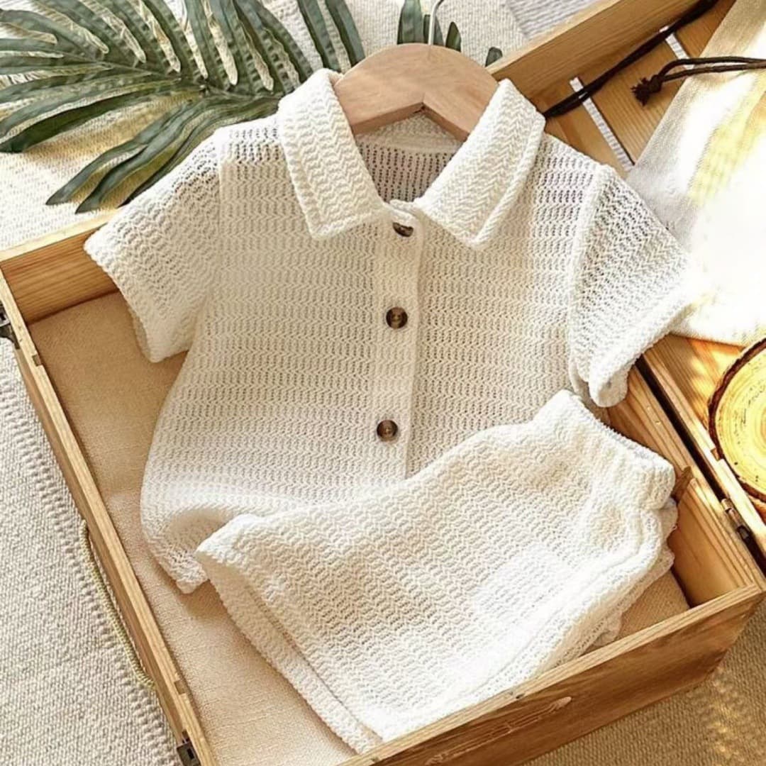 Baby Boys Clothes 0-3Y baby boy summer vacation short-sleeved textured lapel shirt + shorts in stock