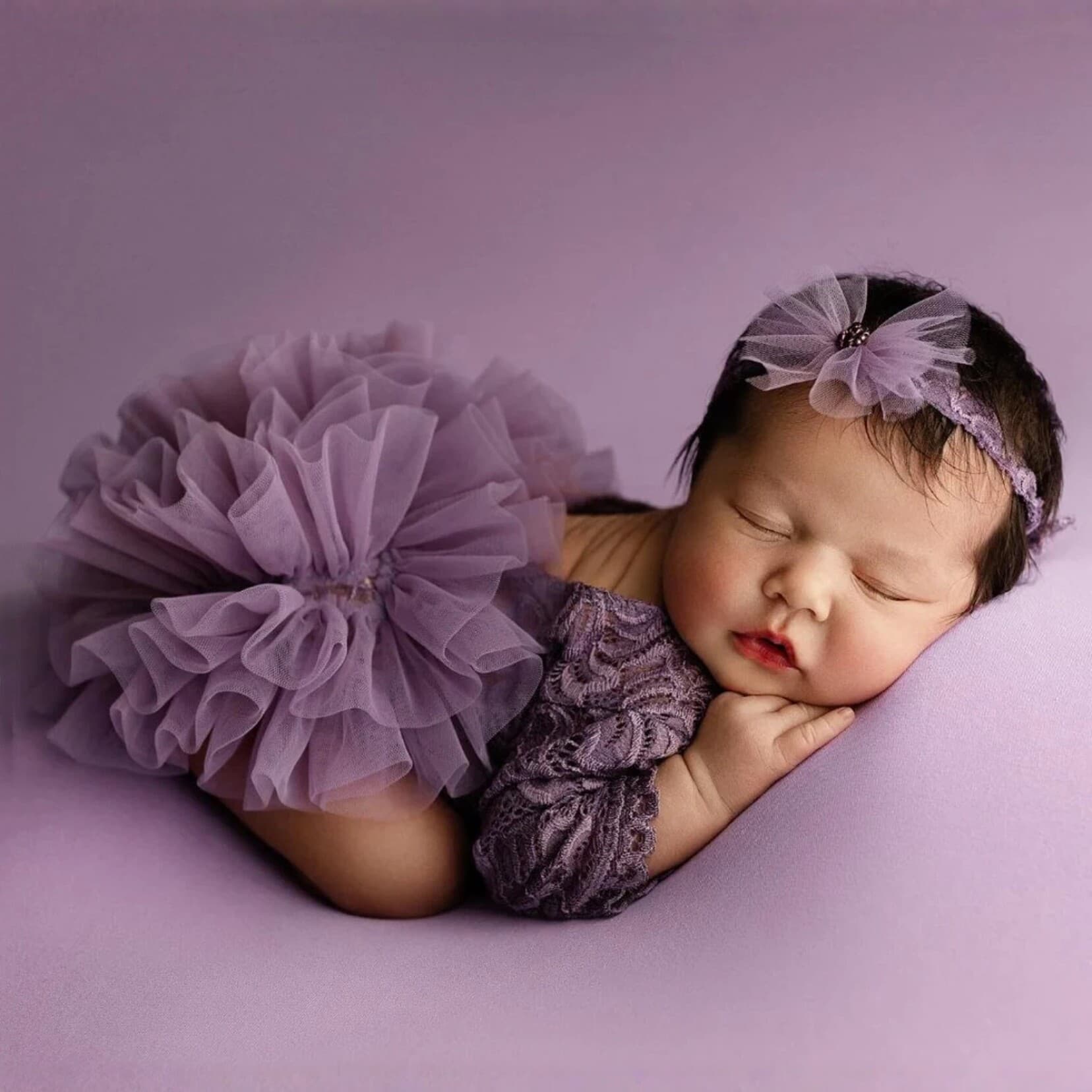 Newborn Photography Outfit Baby Tutu Lace Tulle Skirt with Headband 2-Piece Set Photo Shoot Costume for Studio