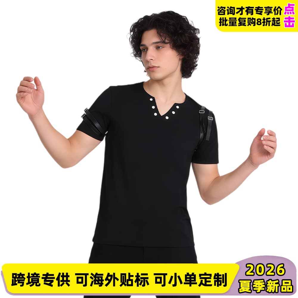 Cross-border MJ Michael Jackson Retro Tech Style V-Neck T-Shirt with Shoulder Strap Sleeve Rings Black Short Sleeve Rock Singing and Dancing Top