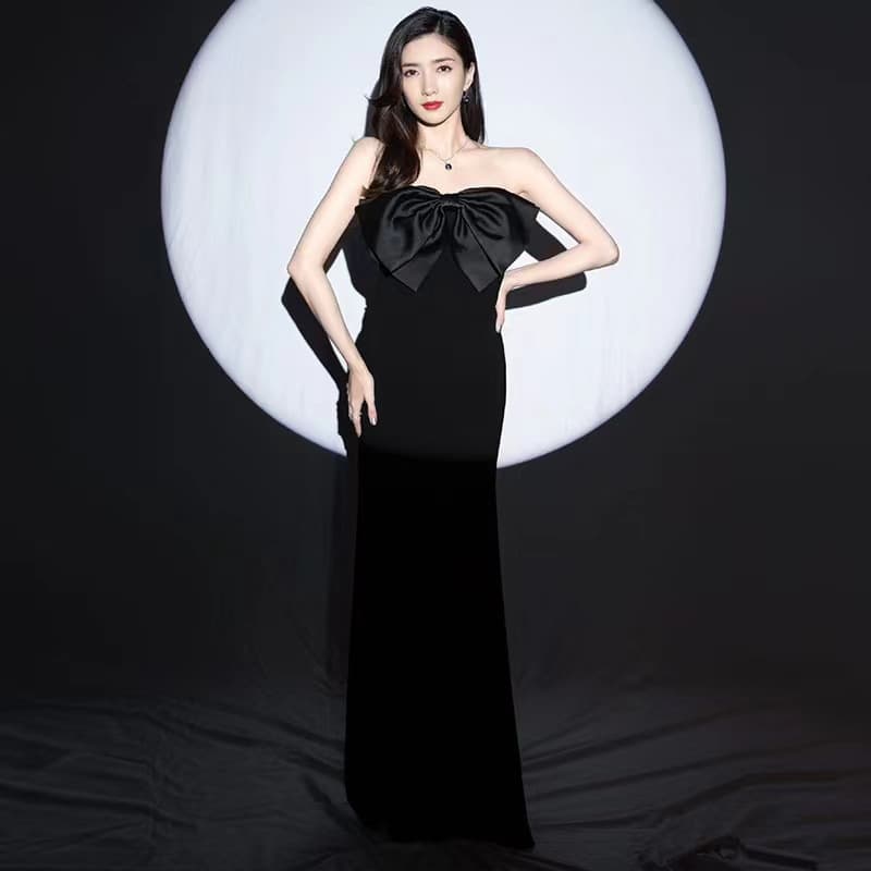 Black strapless bow high-end satin evening dress mermaid slim fit celebrity style runway performance dress for women