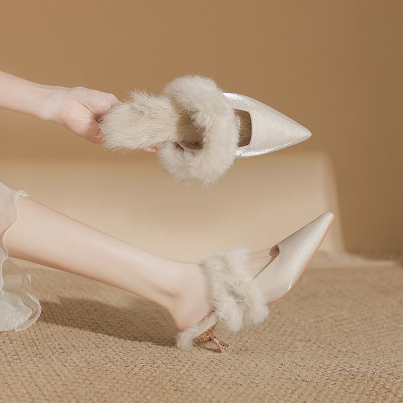 313-7Z75 Autumn/Winter New Furry Outdoor Warm Pointed-Toe High Heel Mules Premium Velvet Satin High Heels