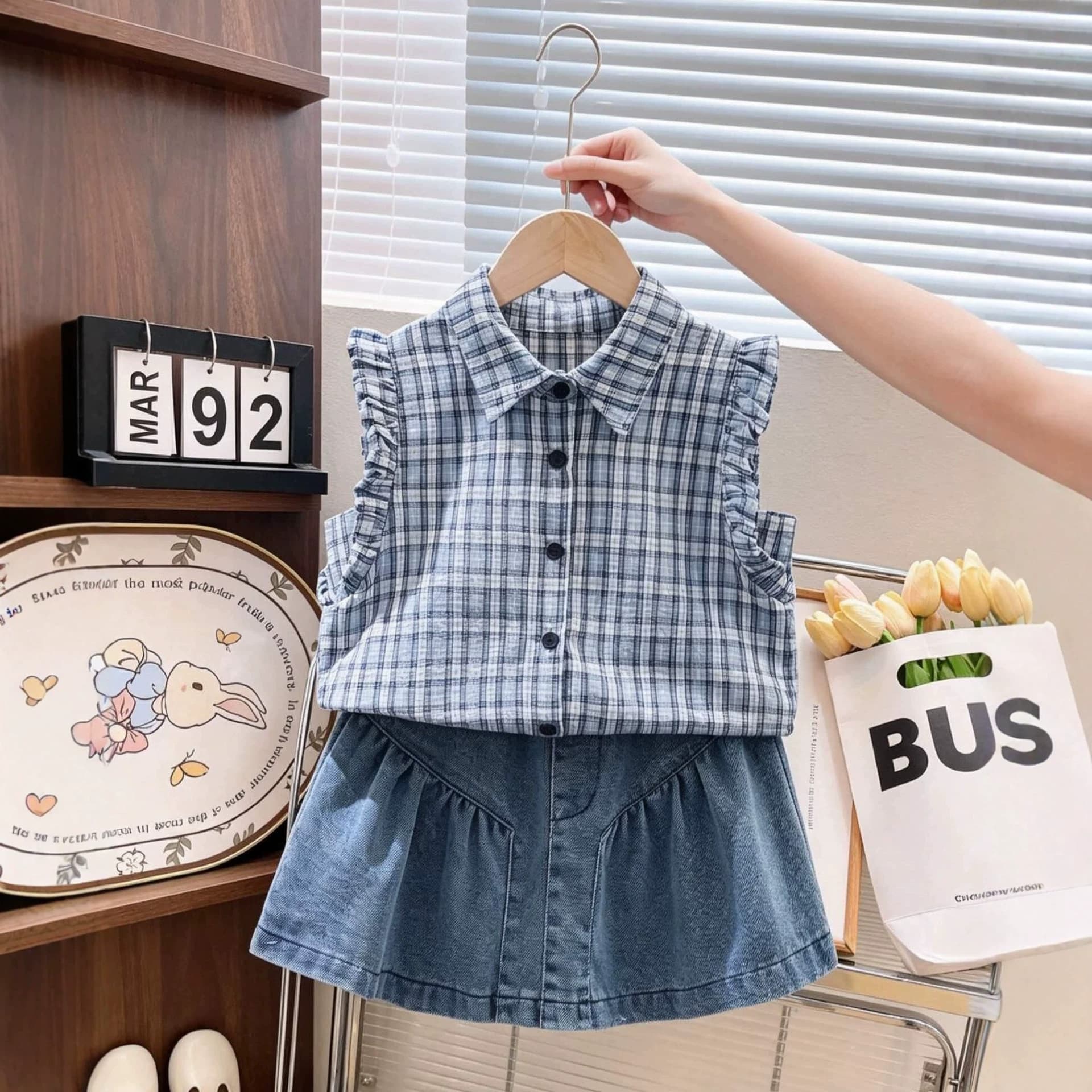 2026 Summer Girls Denim Set, Baby Girl Blue Plaid Sleeveless Top Shirt and Denim Skirt Two-Piece Set